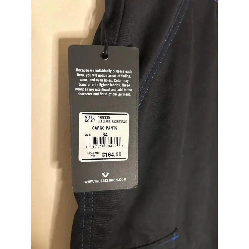 True Religion Baggy Cargo Pants Jet Black Pacific Blue Contrast Stitch 34 NWT